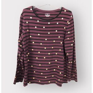 Lane Bryant Women's 18/20 Burgundy/Black Striped Gold Polka Dot Long Sleeve Top